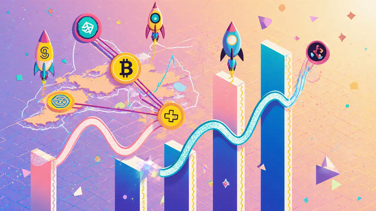 Carte stylisée des blockchains connectées, fusées de projets et graphique du prix $KOM en hausse.