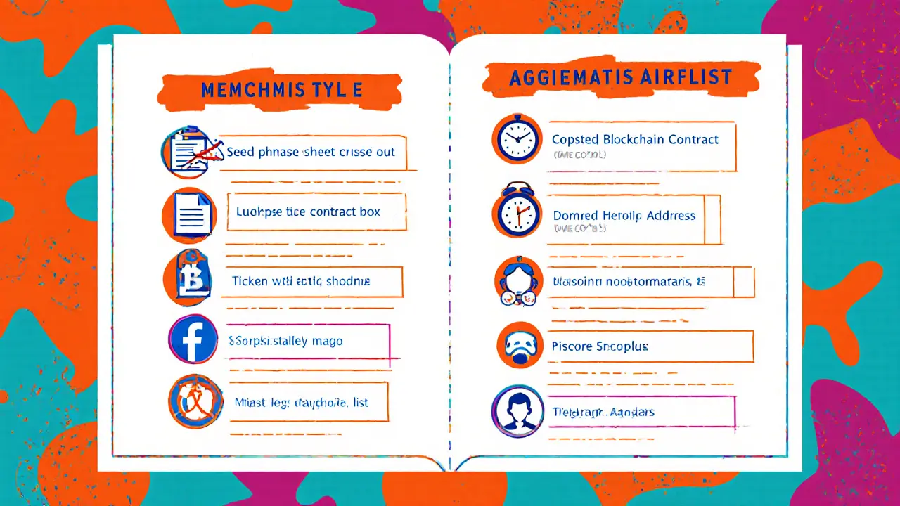 Checklist des 12 drapeaux rouges d’un airdrop frauduleux illustrée en style Memphis.