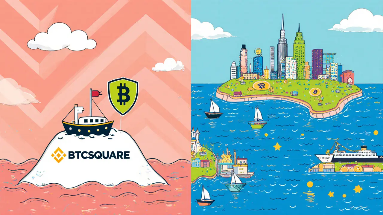 Comparaison visuelle de BTCsquare et des grands exchanges, montrant différences de liquidité et de services.