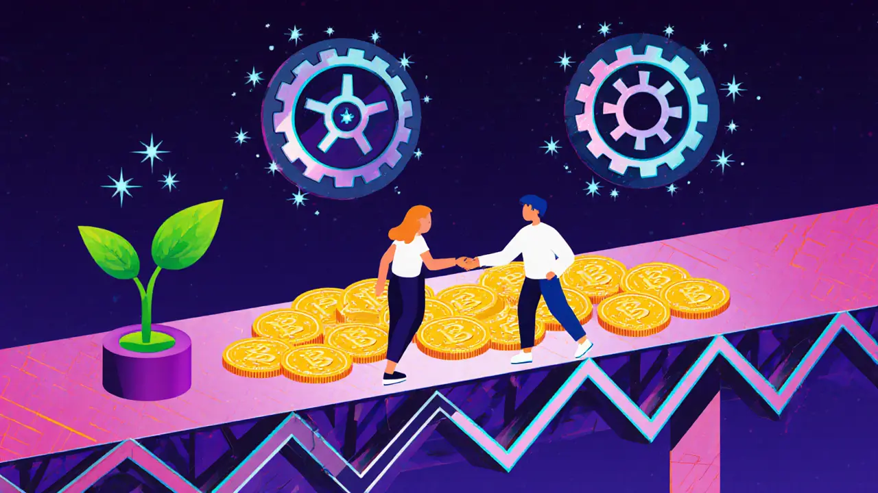 Échange de jetons crypto entre deux personnages sur un pont stylisé, avec icônes de staking et de yield farming.