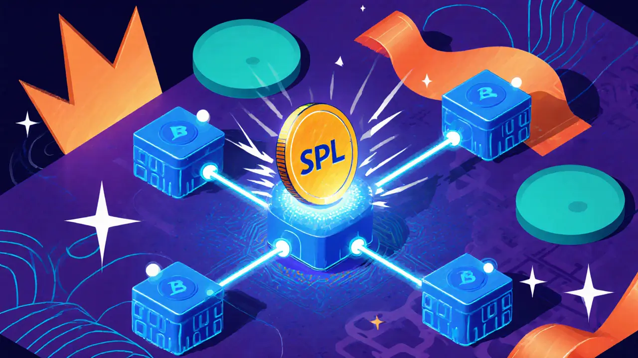 Illustration de la blockchain Solana avec le token SPL circulant entre nœuds, style Memphis.