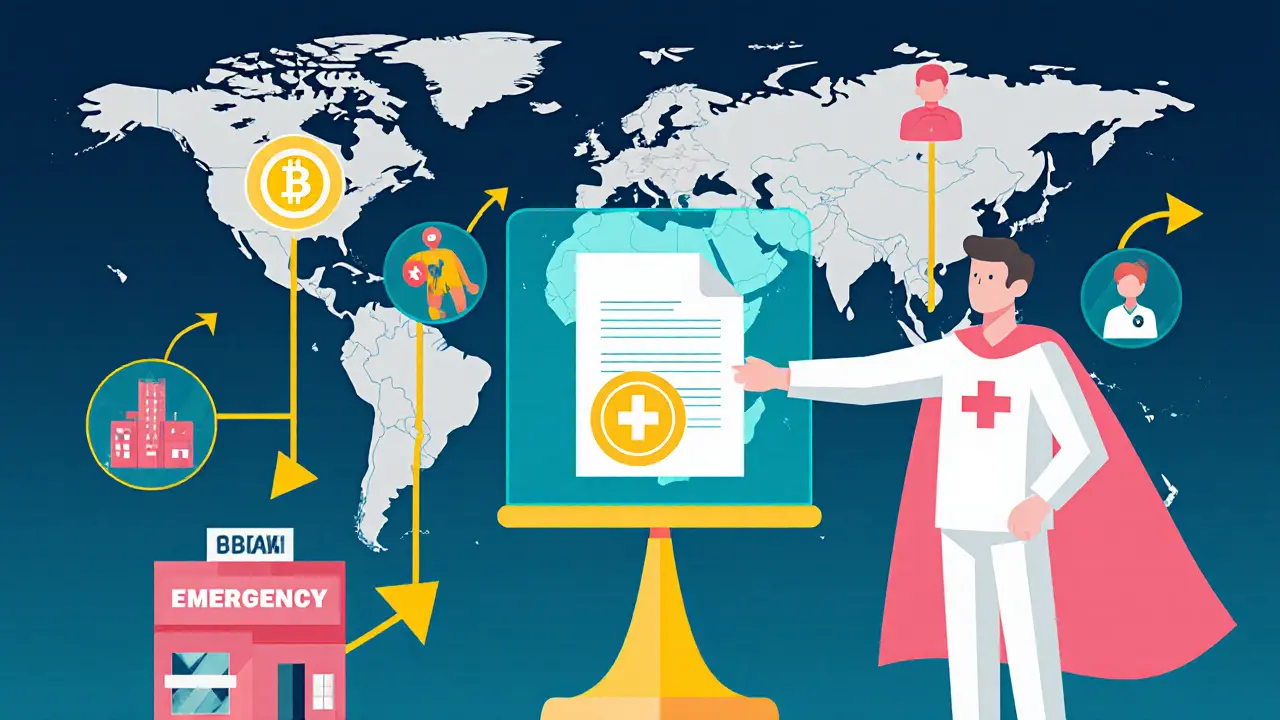 Patient présentant un token qui ouvre un dossier médical holographique, avec icônes de défis.