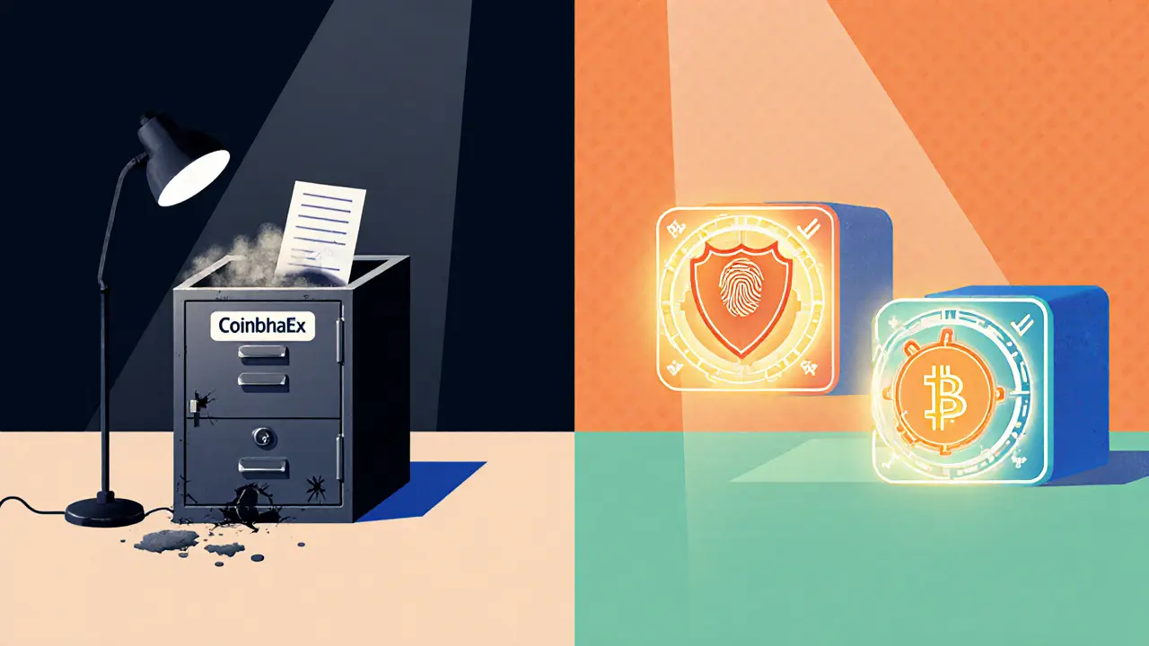 Scène comparant la sécurité d’AlphaEx et des plateformes comme Coinbase, avec icônes de verrou.