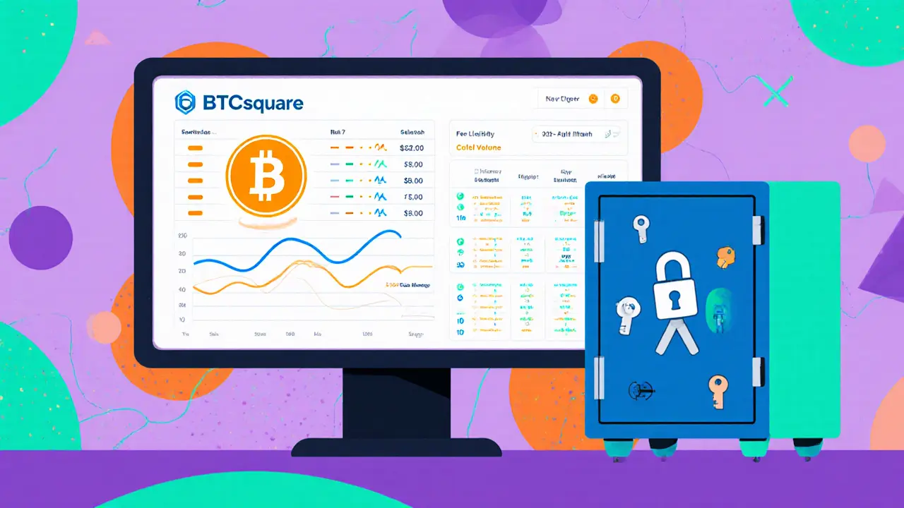 Tableau de bord BTCsquare avec carnet d&#039;ordres limité, token PLURA et coffre cold storage.