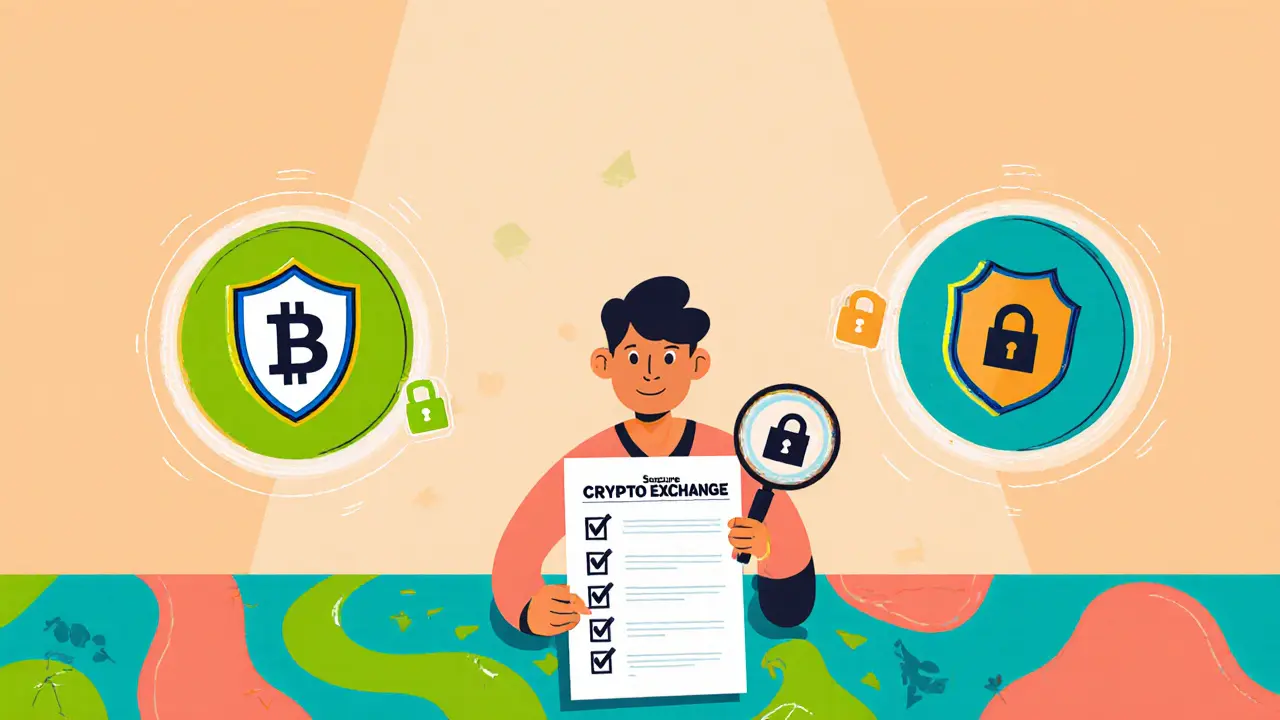 Utilisateur choisissant Coinbase, Binance ou Kraken, illustré avec des boucliers protecteurs.