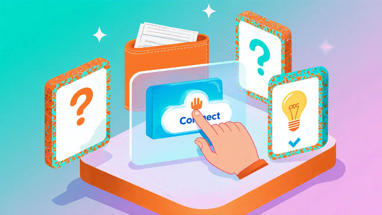Utilisateur connectant un portefeuille à un écran holographique, icônes de quiz flottantes.