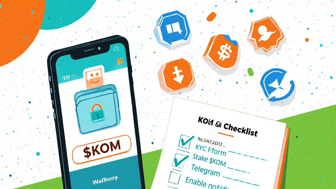 Vue d'une checklist d'airdrop avec un portefeuille mobile, icônes Discord/Twitter/Telegram et cases cochées.