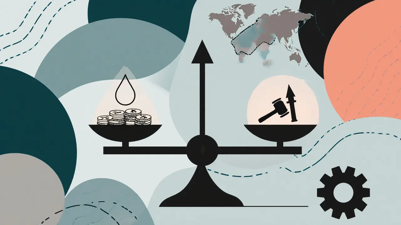 Balance illustrant les avantages (fraction, 24/7, mondial) contre les risques (liquidité, régulation, technique).