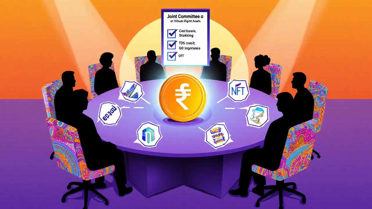 Comité indien discutant des réformes crypto avec un e‑Rupee futuriste.