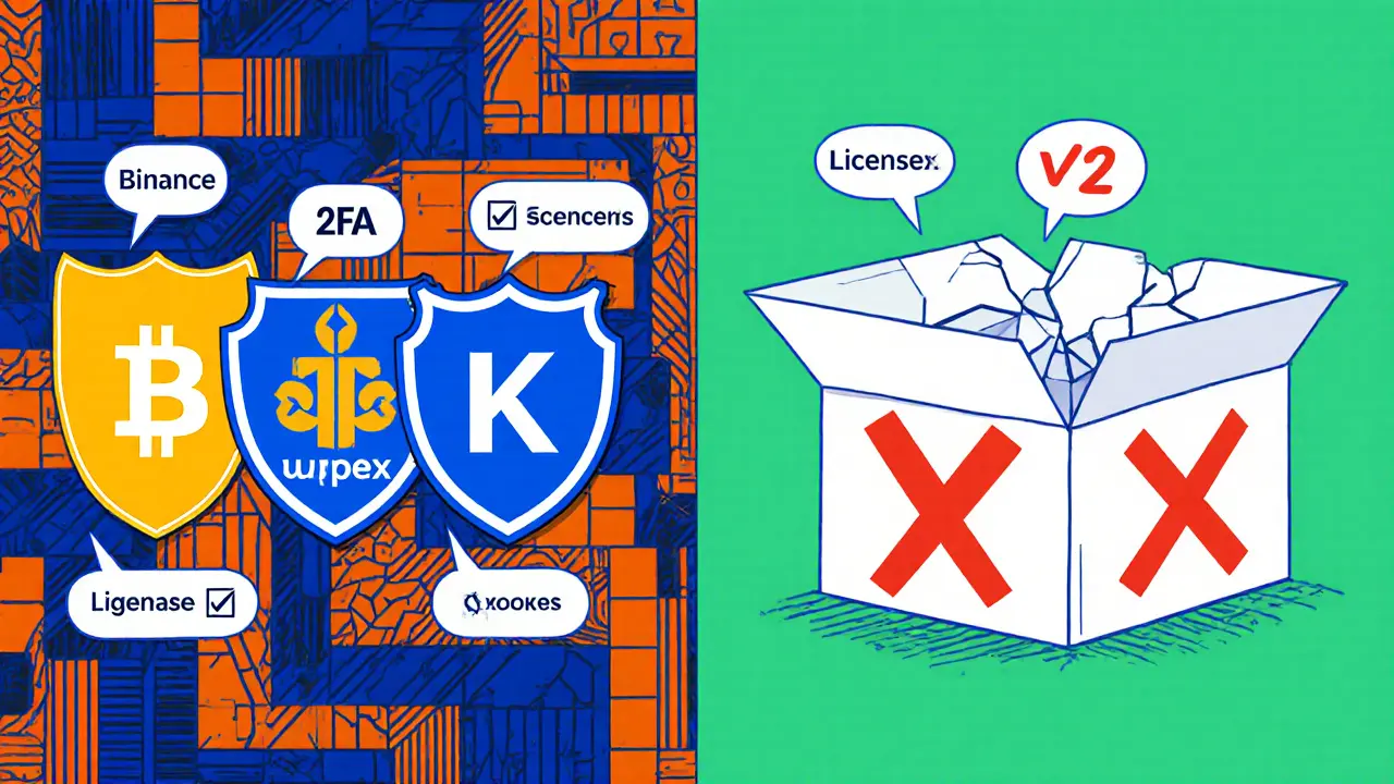 Comparaison cartoon montrant Yuppex en boîte cassée contre les échanges sûrs.
