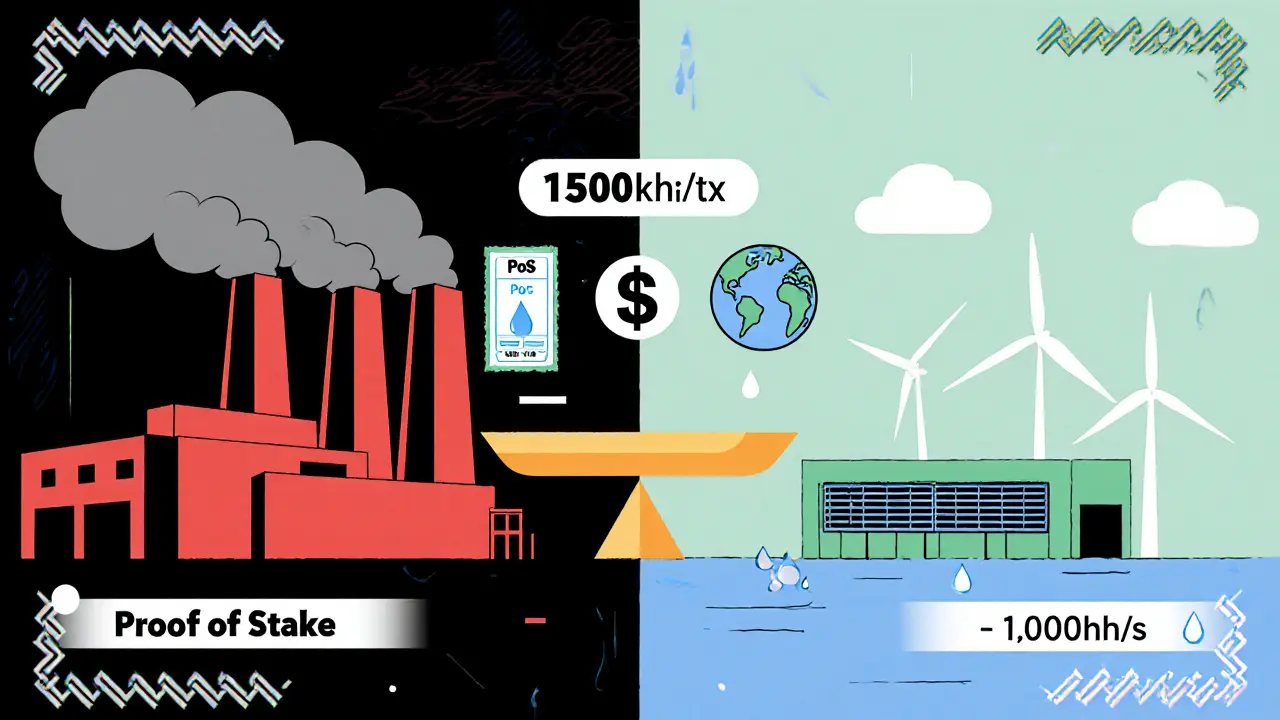 Comparaison cartoon PoW vs PoS avec usine fumée d&#039;un côté et centre de données verte de l&#039;autre, incluant icônes de taxes carbone.