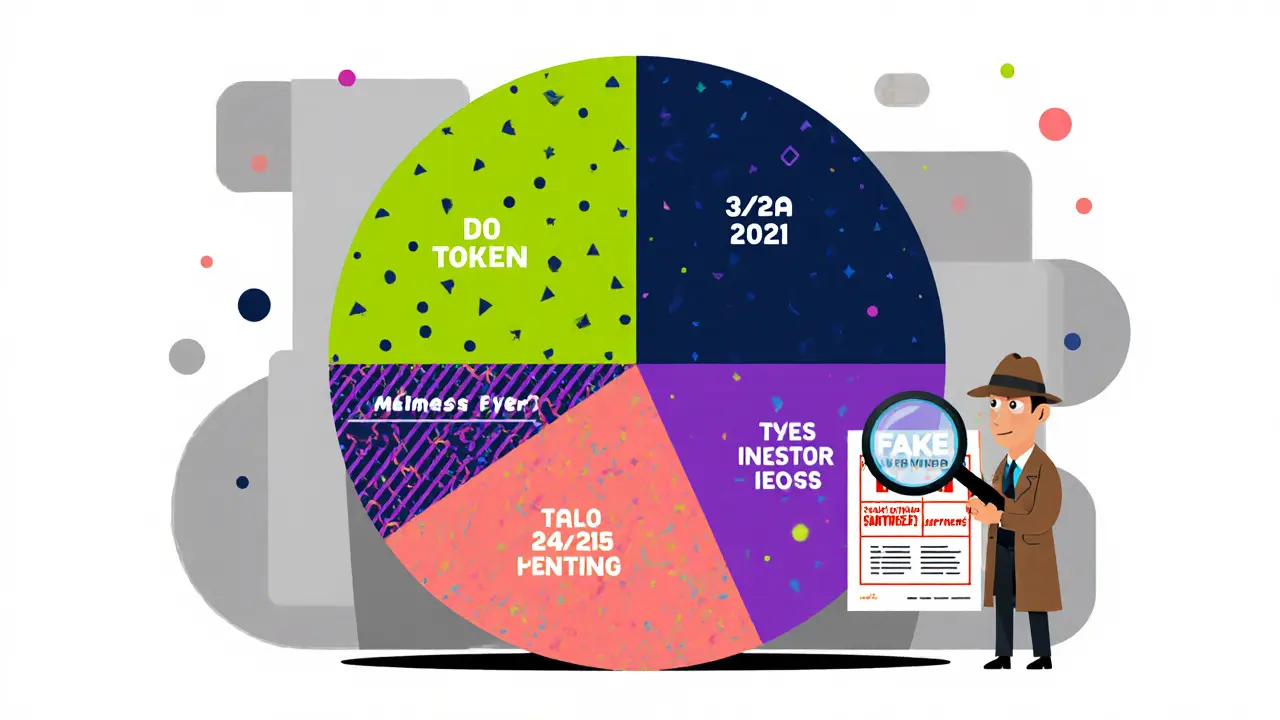 Diagramme cartoon montrant la répartition du token MOT, ventes IDO/IEO et airdrop suspect.