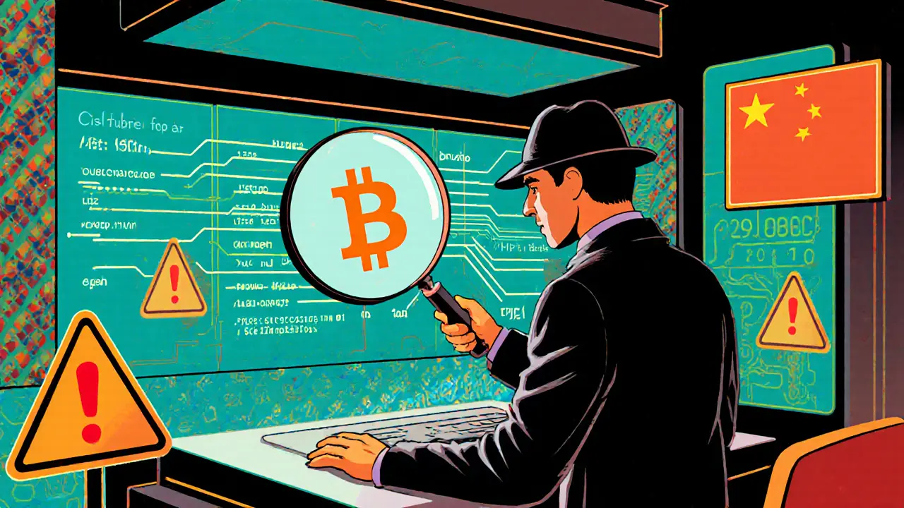 Figure d&#039;enquêteur surveillant des flux numériques et des chaînes de blocs autour d&#039;un Bitcoin.