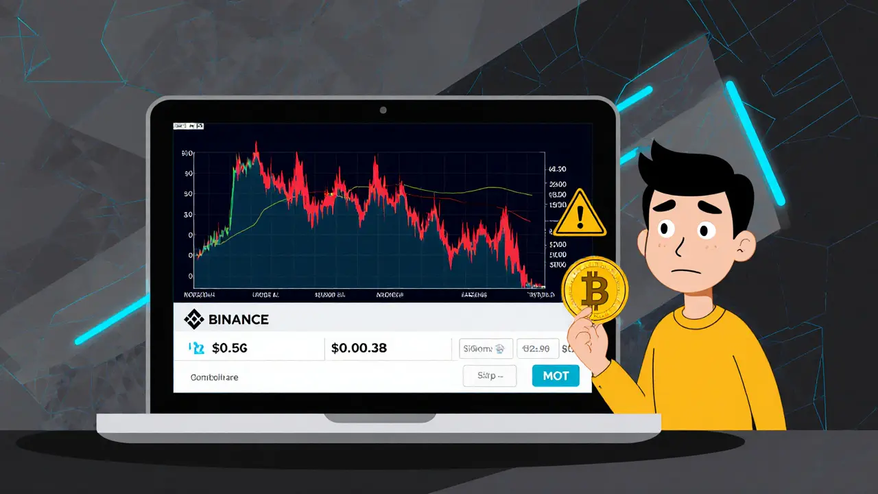 Graphique stylisé de la chute du prix du MOT et écran d'achat Binance avec icône d'avertissement.