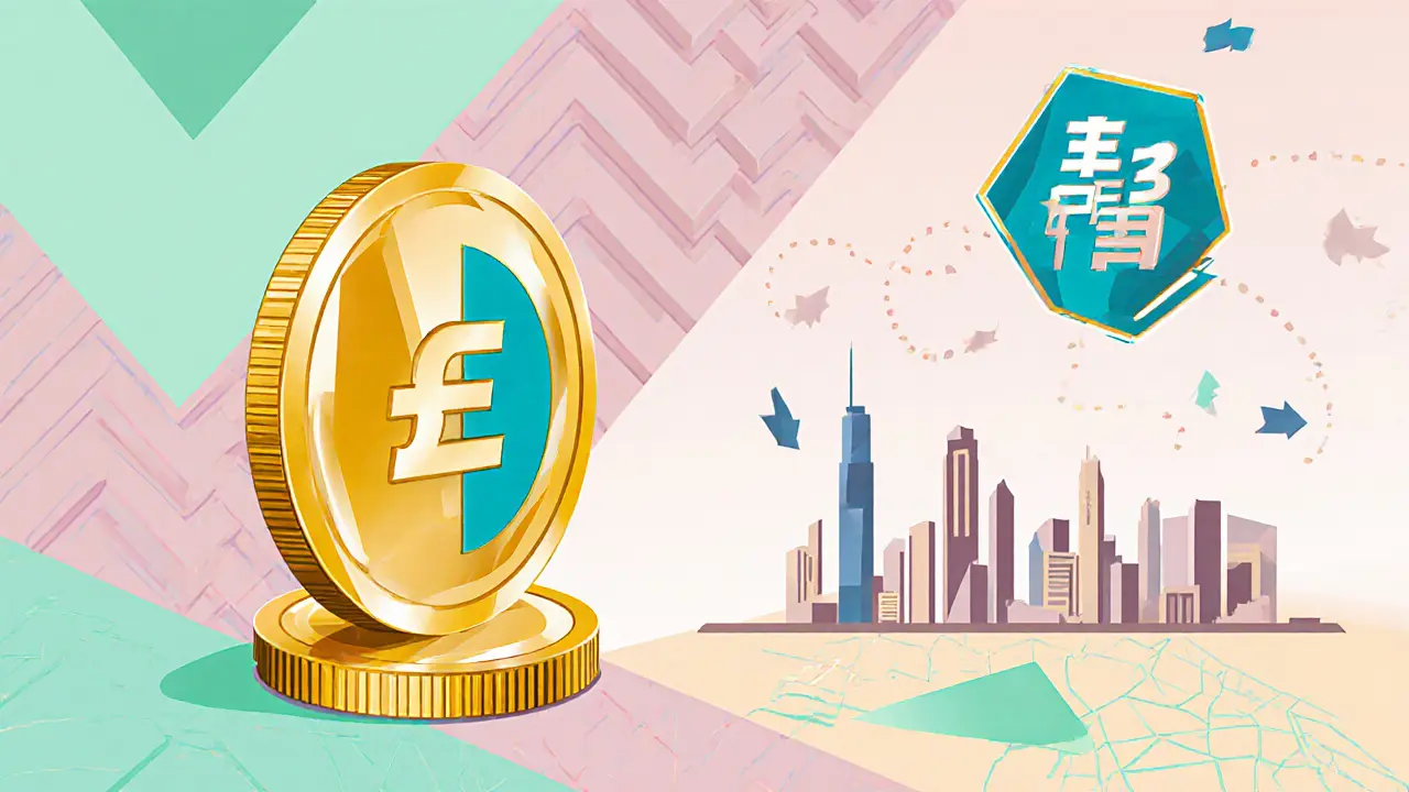 Icônes d&#039;e‑CNY, stablecoin et skyline de Hong Kong illustrant des alternatives légales.
