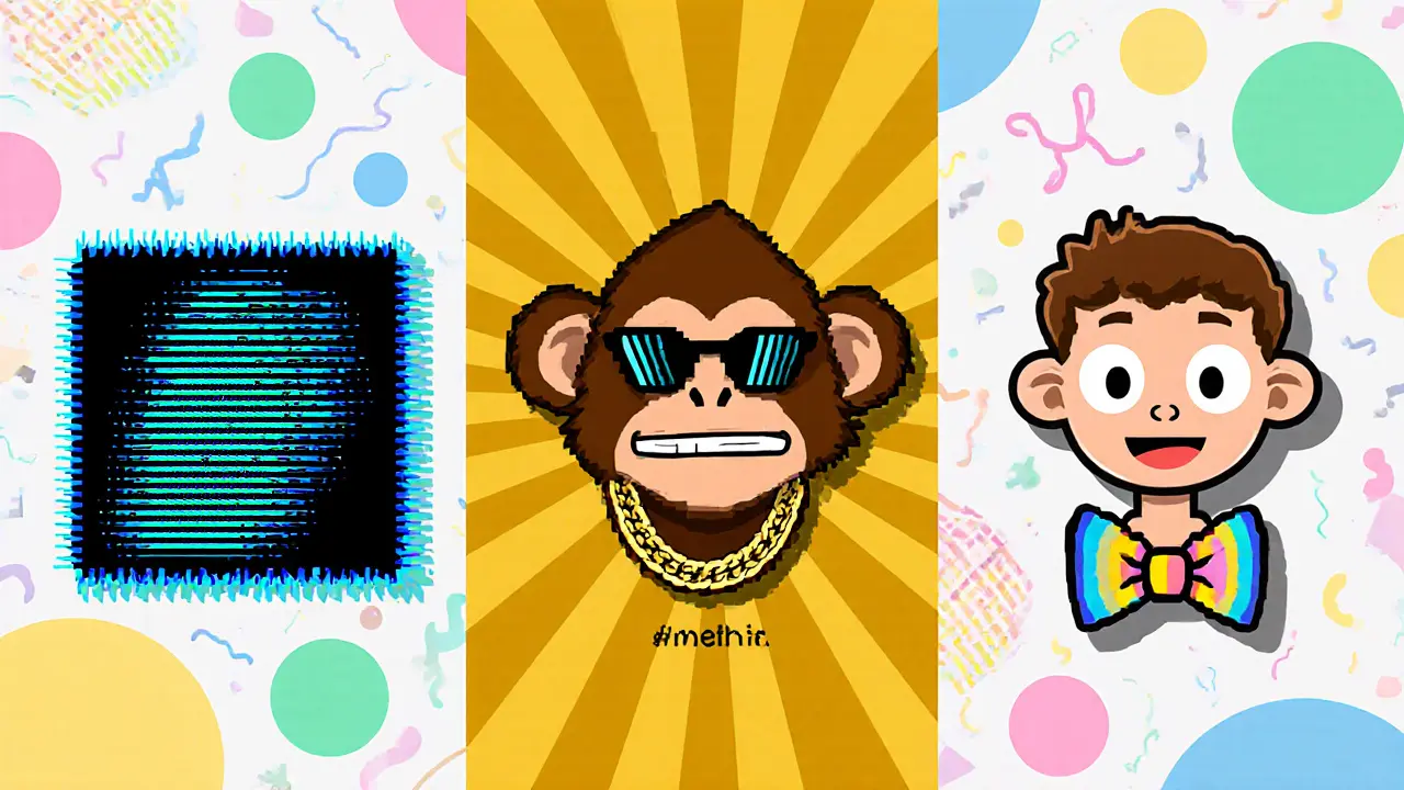 Montage de trois avatars PFP : CryptoPunk pixelisé, singe Bored Ape et dessin Custom Doodle, style Memphis.