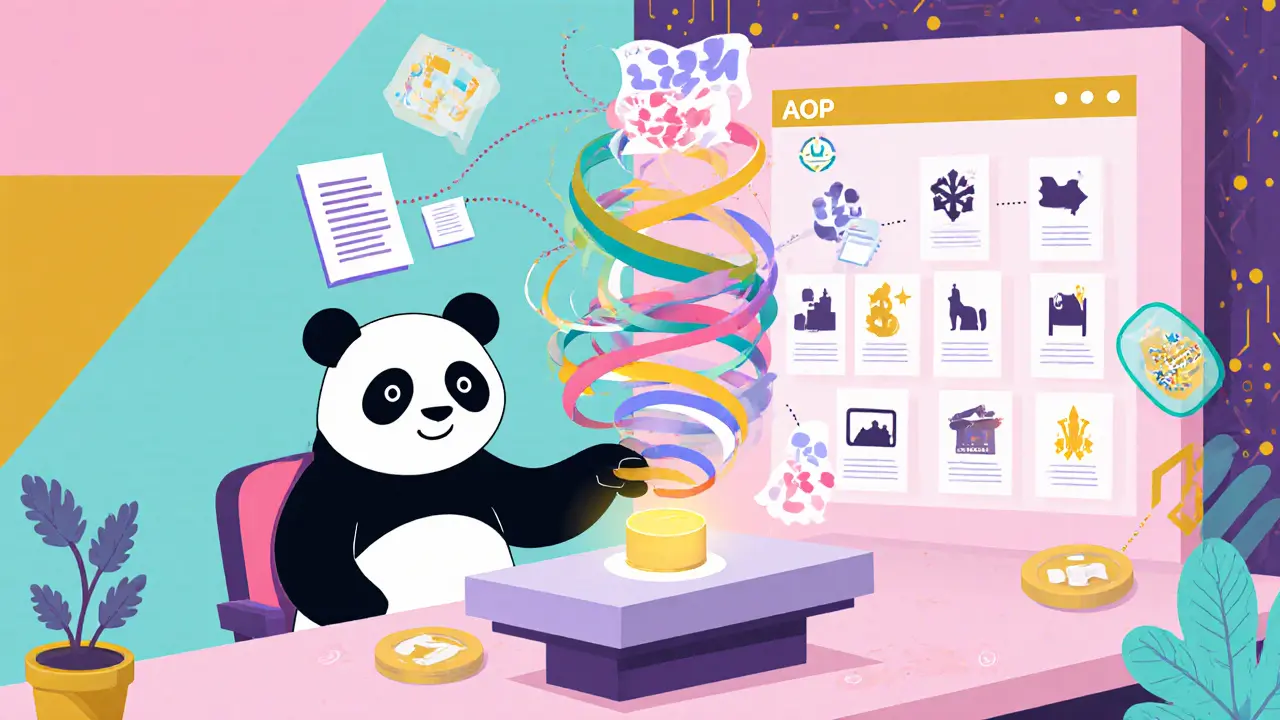 Panda à un console IA créant du texte, images 3D et vidéos autour d'une vitrine de tokens AOP.