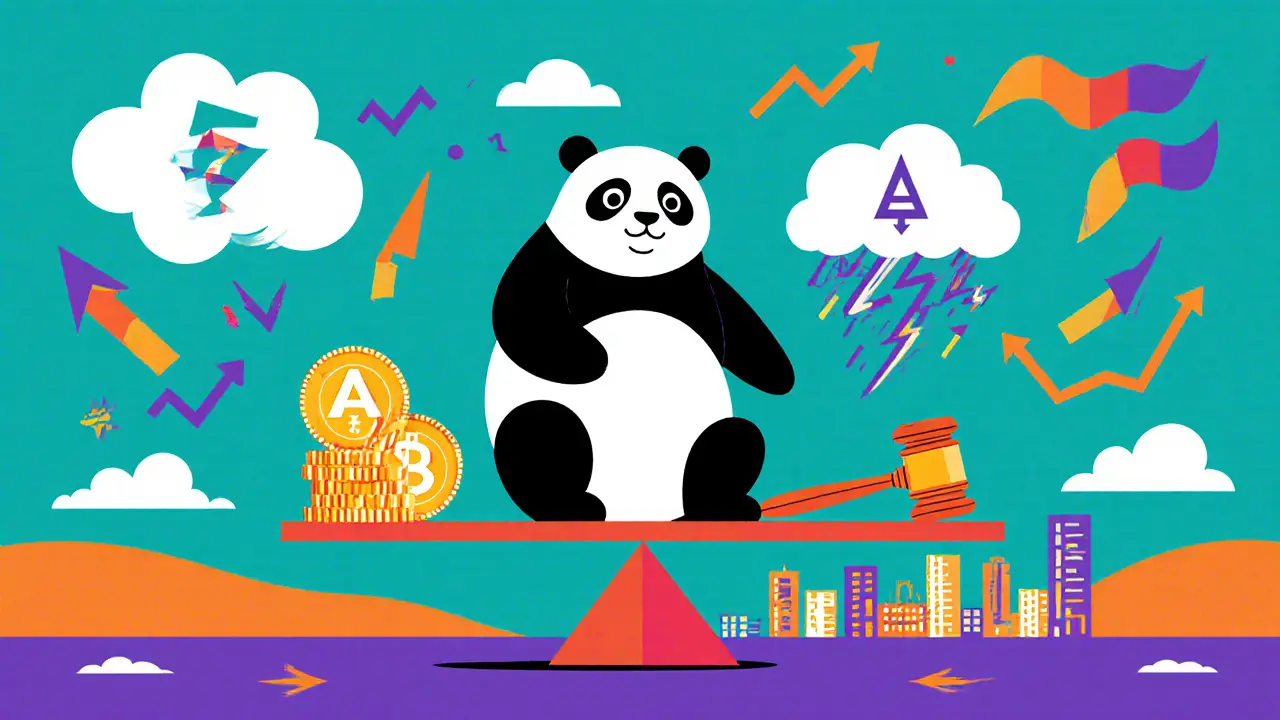 Panda sur une balançoire avec des tokens AOP d'un côté et un marteau de justice et nuage de volatilité de l'autre.