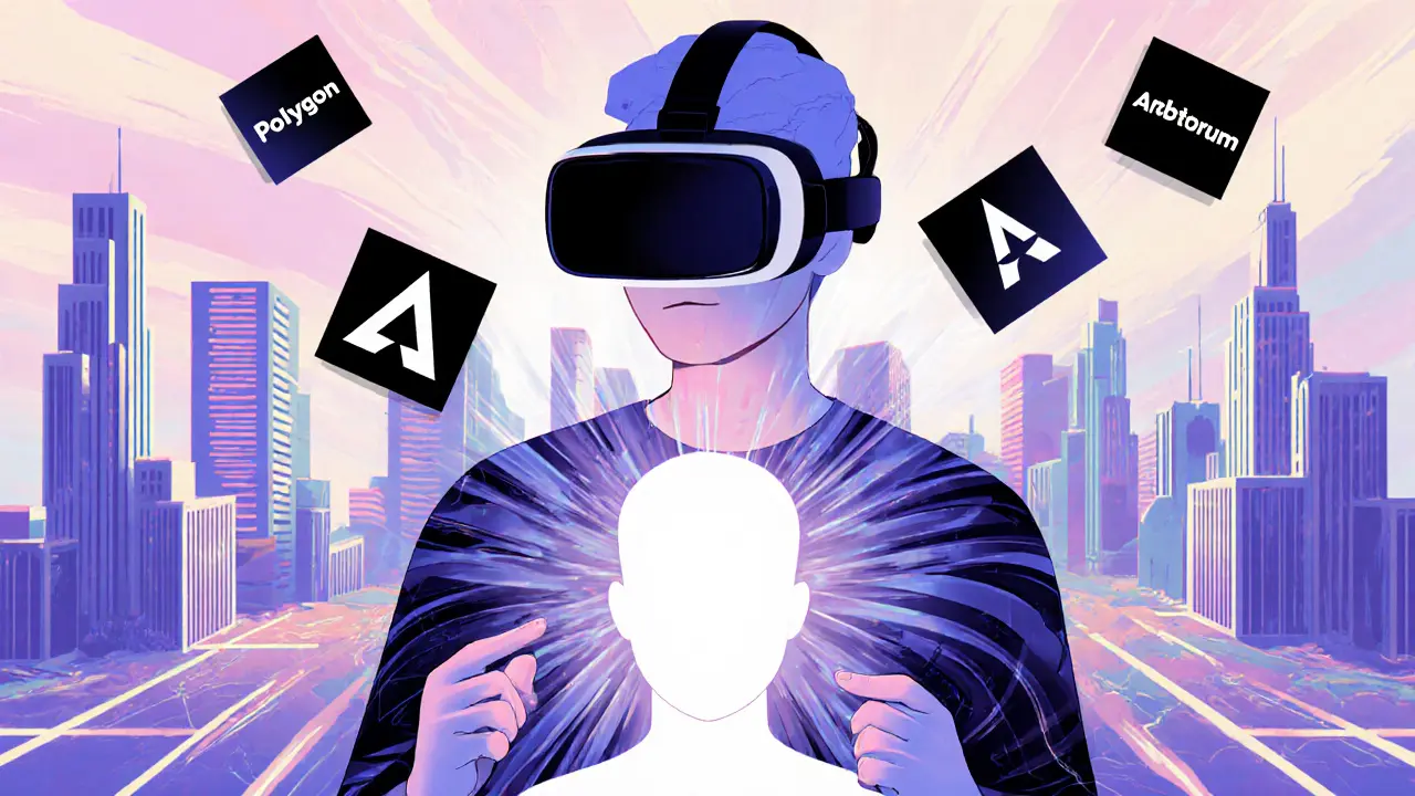 Scène futuriste avec casque VR, avatar holographique évolutif et logos Layer‑2, style Memphis.