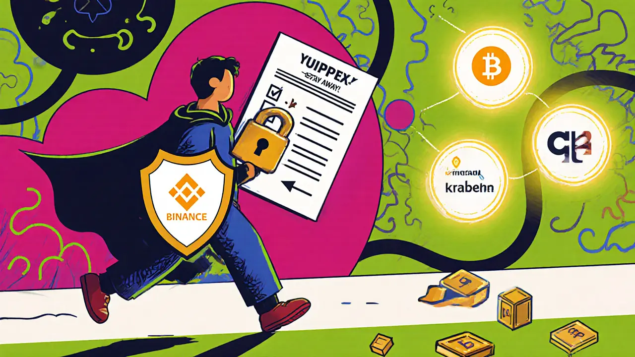 Utilisateur avec bouclier et liste de contrôle s'éloignant de Yuppex vers des exchanges fiables.