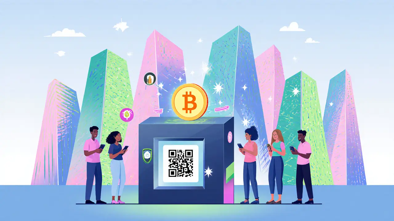 Vue futuriste d'un centre de paiements crypto au Nigeria, personnes utilisant des portefeuilles numériques.