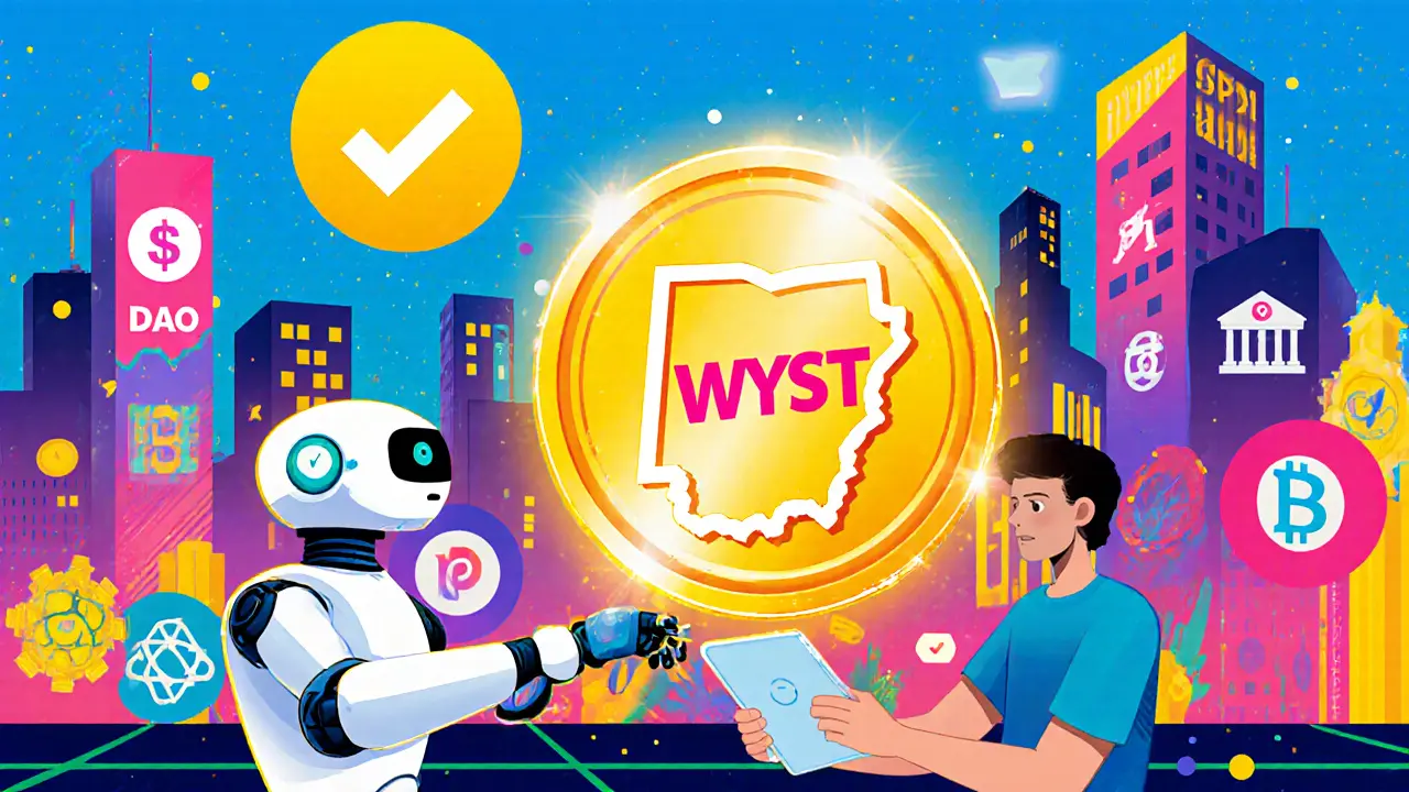 A glowing state-backed stablecoin being handed to a citizen in a digital cityscape.