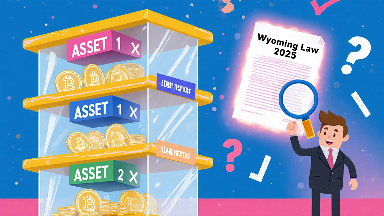 A multi-level building holding digital assets, guided by a lawyer with a legal document.