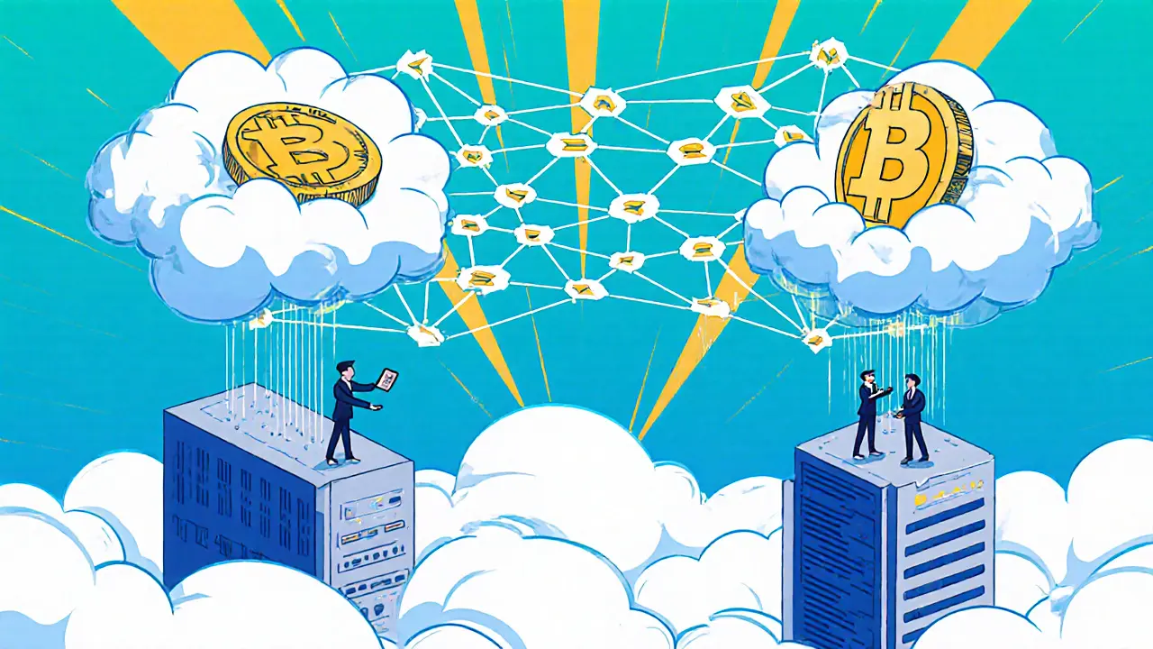 Architecture hybride entre blockchain et cloud, avec des agents en négociation.