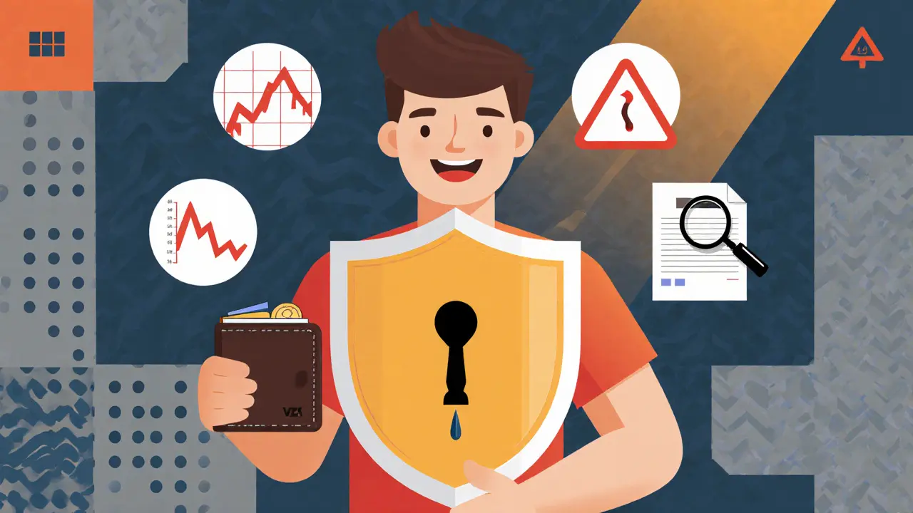 Avatar protégeant un portefeuille dédié, entouré d'icônes de volatilité, liquidité faible, phishing et fiscalité.