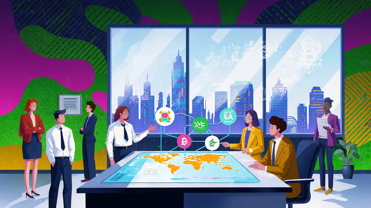 Bureau futuriste de conformité avec tableau de bord holographique et collaborateurs.