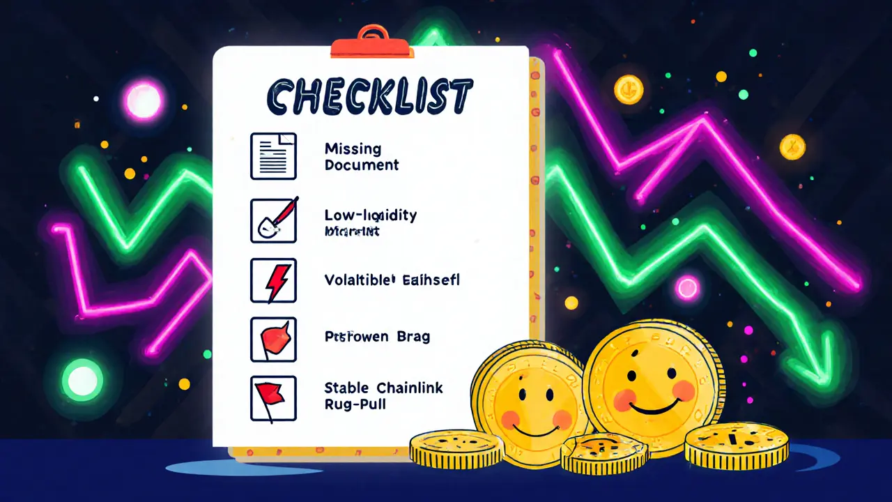 Checklist de risques avec icônes warning et alternatives Chainlink et Polygon.