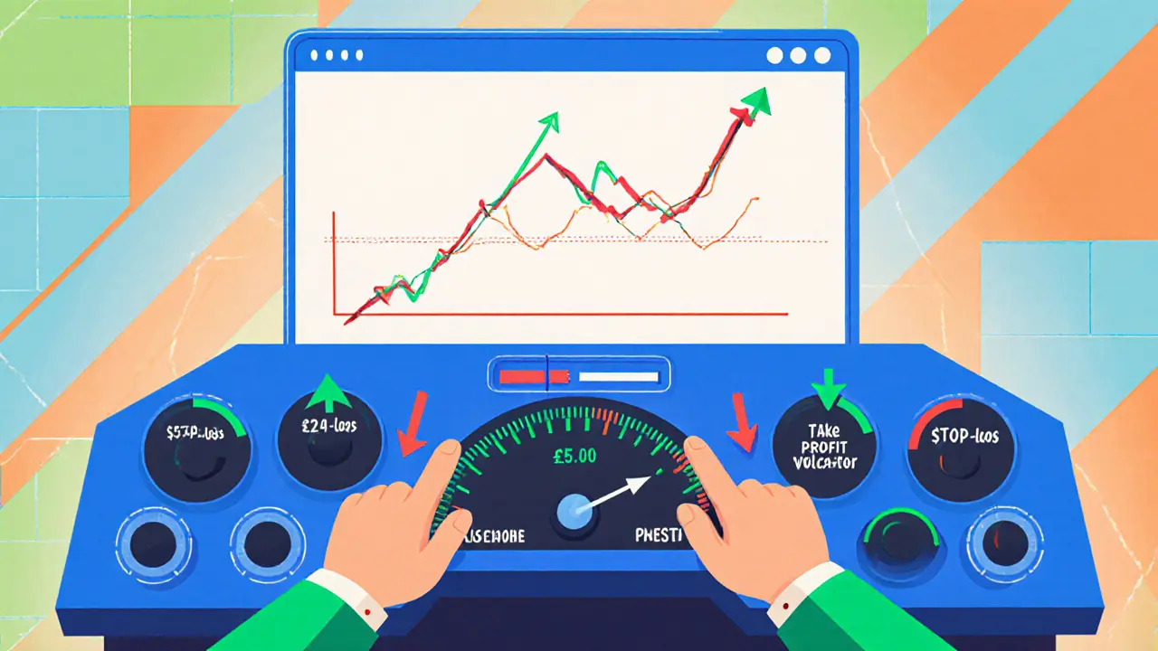 Cockpit de trading cartoon avec boutons stop‑loss et take‑profit, graphiques montants et baissiers.