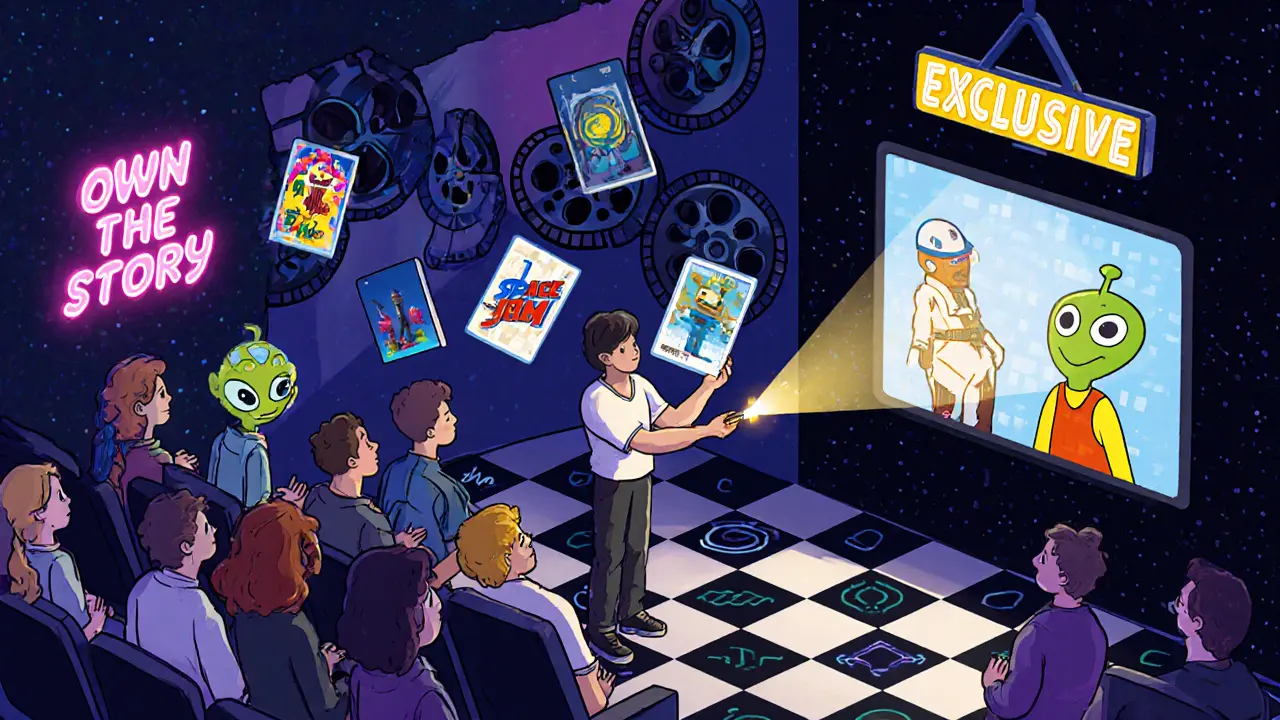 Des NFT de films flottent comme hologrammes dans une salle de cinéma géométrique aux couleurs vives.