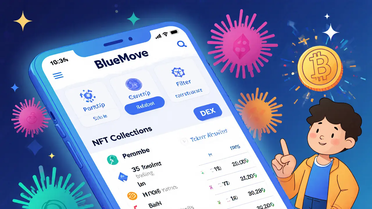 Écran mobile montrant l'interface BlueMove avec frais zéro et récompenses MOVE.