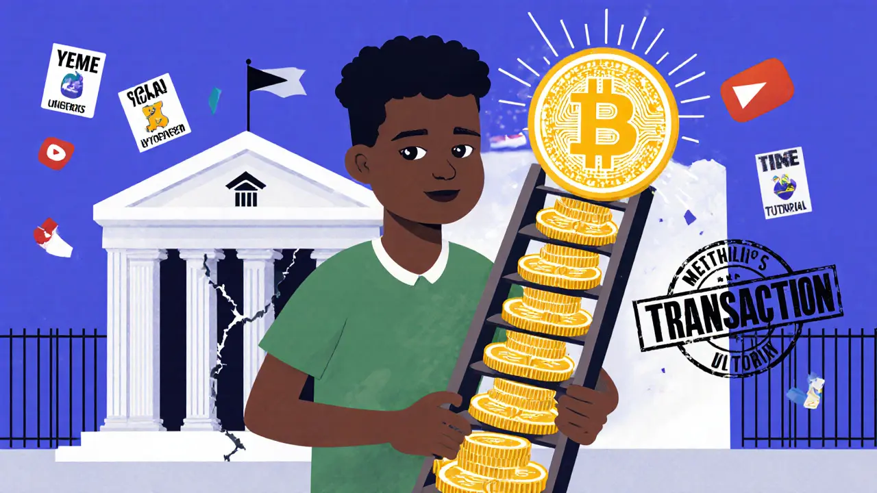 Étudiant nigérian escaladant une échelle de cryptomonnaies vers son université, une banque en ruine à l'arrière-plan.