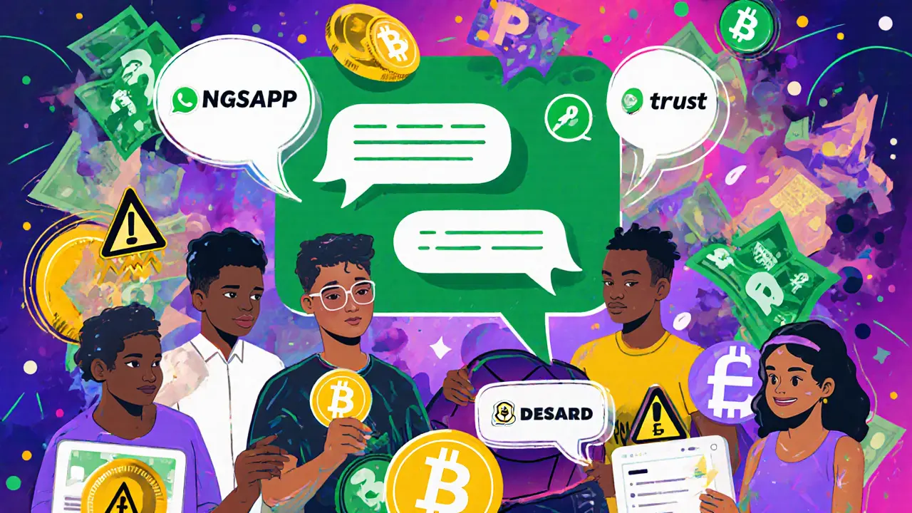 Groupe WhatsApp stylisé en paysage abstrait, avec des avatars qui échangent des cryptos et des badges de confiance sur fond coloré.