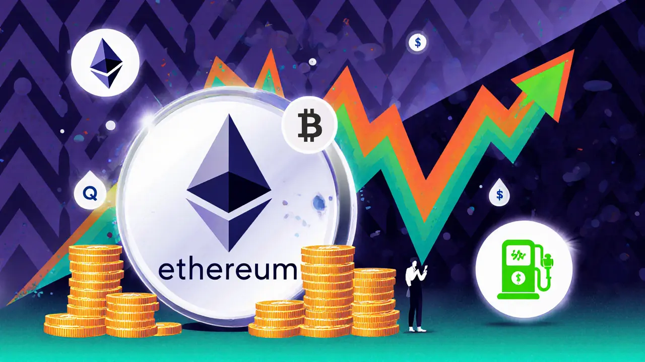 Icône ERC‑20 entourée de piles de pièces, logo Uniswap, pompe à gaz et graphique voltagique, motifs Memphis.