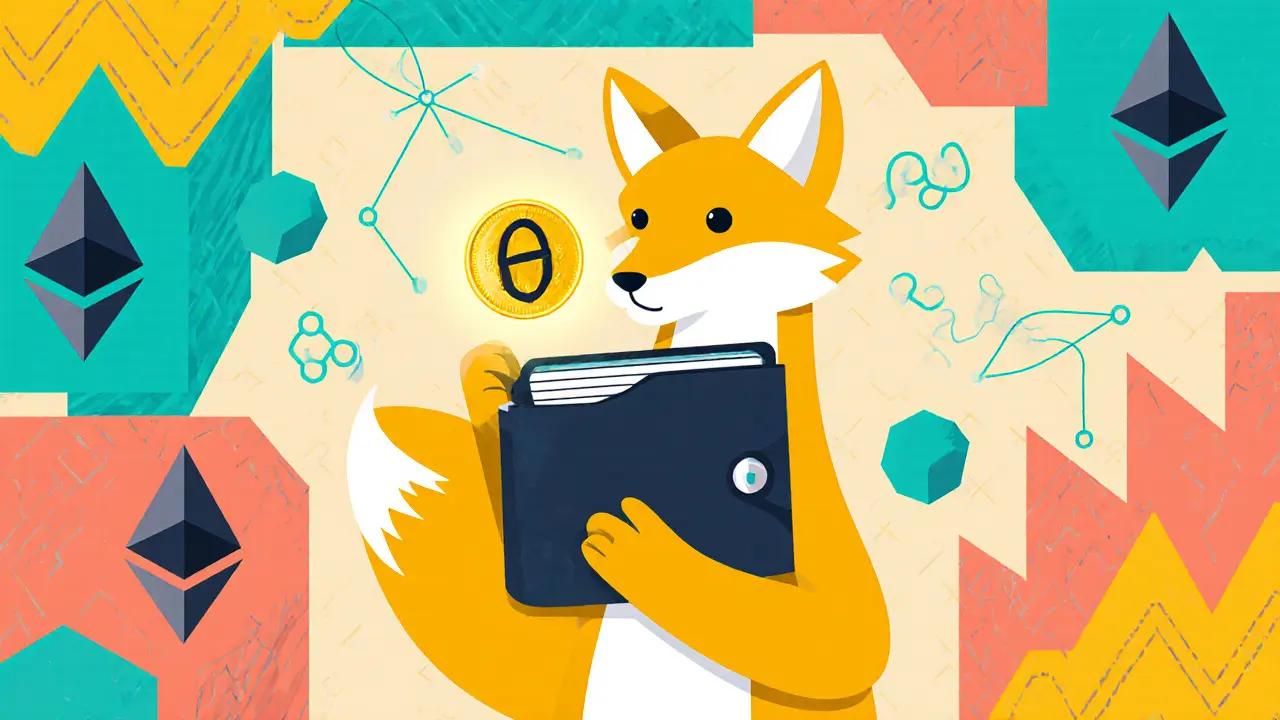 Illustration d’un portefeuille Metamask cartoon tenant un token UGOLD brillant.