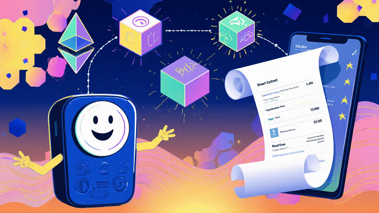 Illustration ludique de compteurs intelligents, blockchain, contrats intelligents et application mobile.