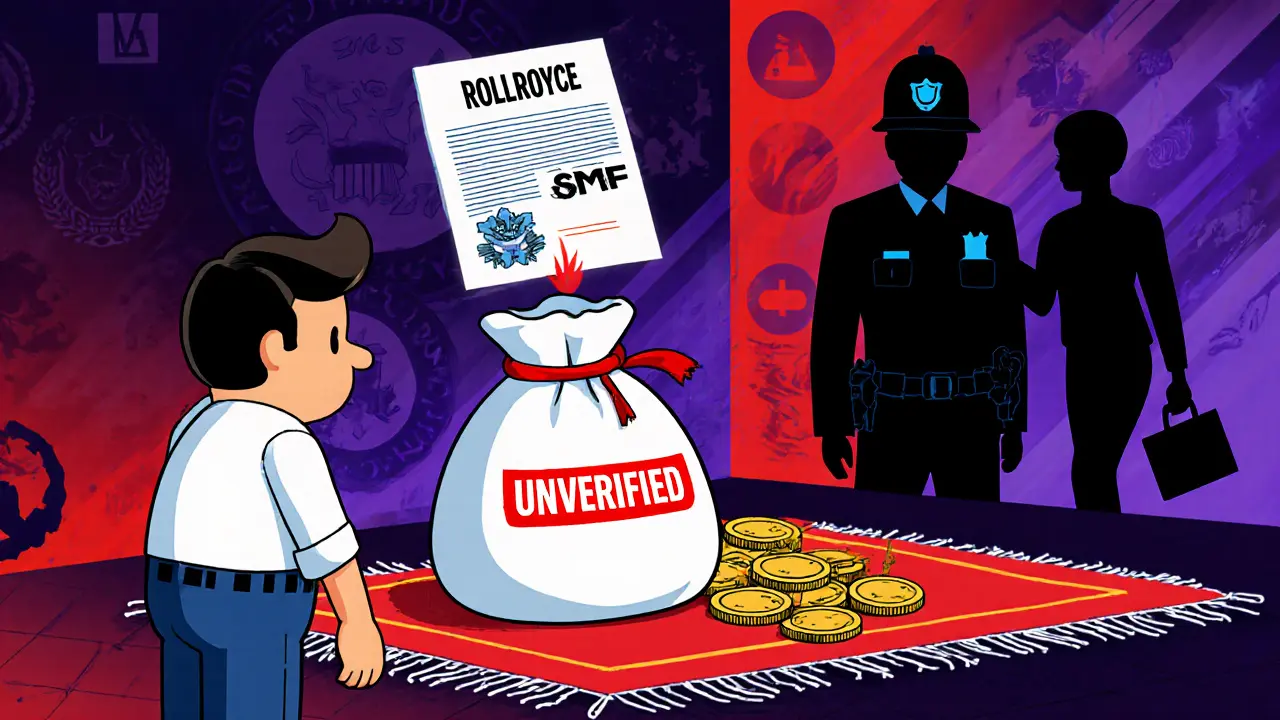 Image cartoon d'un portefeuille Phantom affichant "non vérifié" et un rug pull du token.
