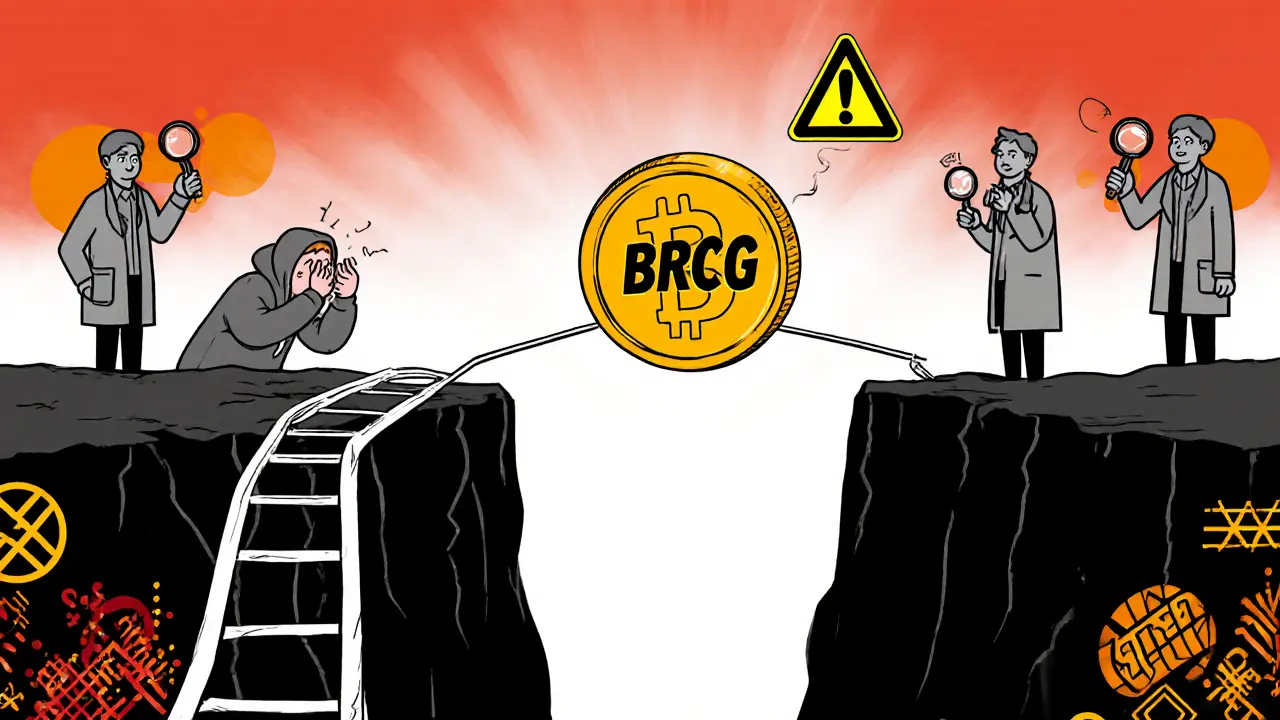 Investisseur anxieux tenant un BRCG au-dessus d’un précipice, panneau de danger et silhouettes d’experts, style Memphis.