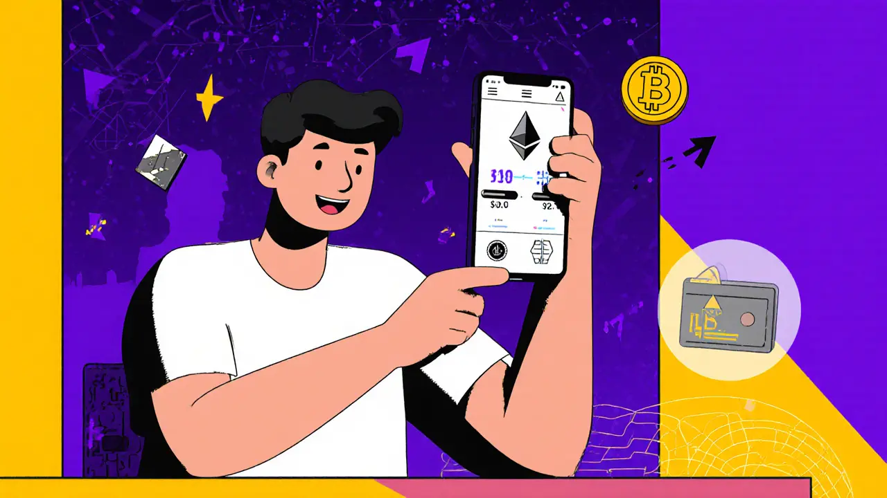 Investisseur échangeant ETH contre LESTER sur une interface DEX cartoon.