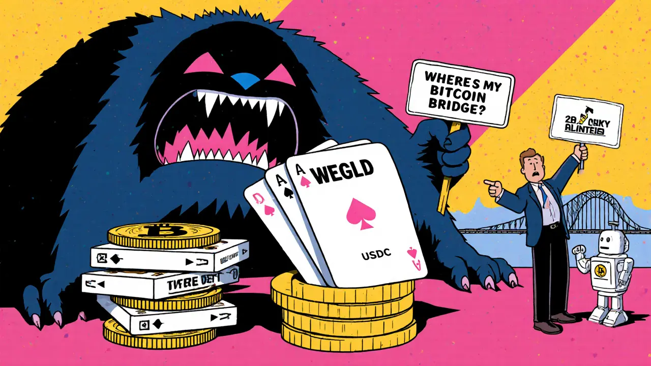 Maison de cartes menaçante en forme de tokens crypto, avec une crise de liquidité en arrière-plan et un pont blockchain lent.