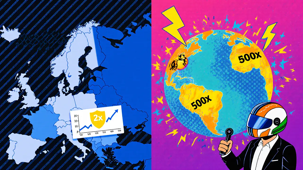 Scène divisée montrant régulation UE 2x d'un côté et marché mondial 100x‑500x de l'autre.