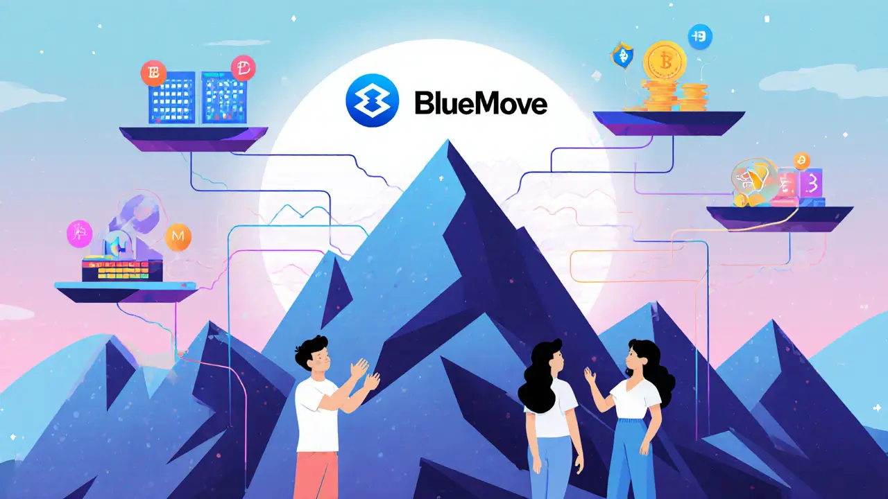 Scène futuriste illustrant la feuille de route de BlueMove avec nouvelles fonctions.