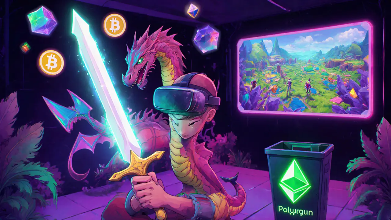 Un joueur utilise un NFT dans un jeu vidéo, entouré d'objets virtuels et d'icônes écologiques en style cartoon.