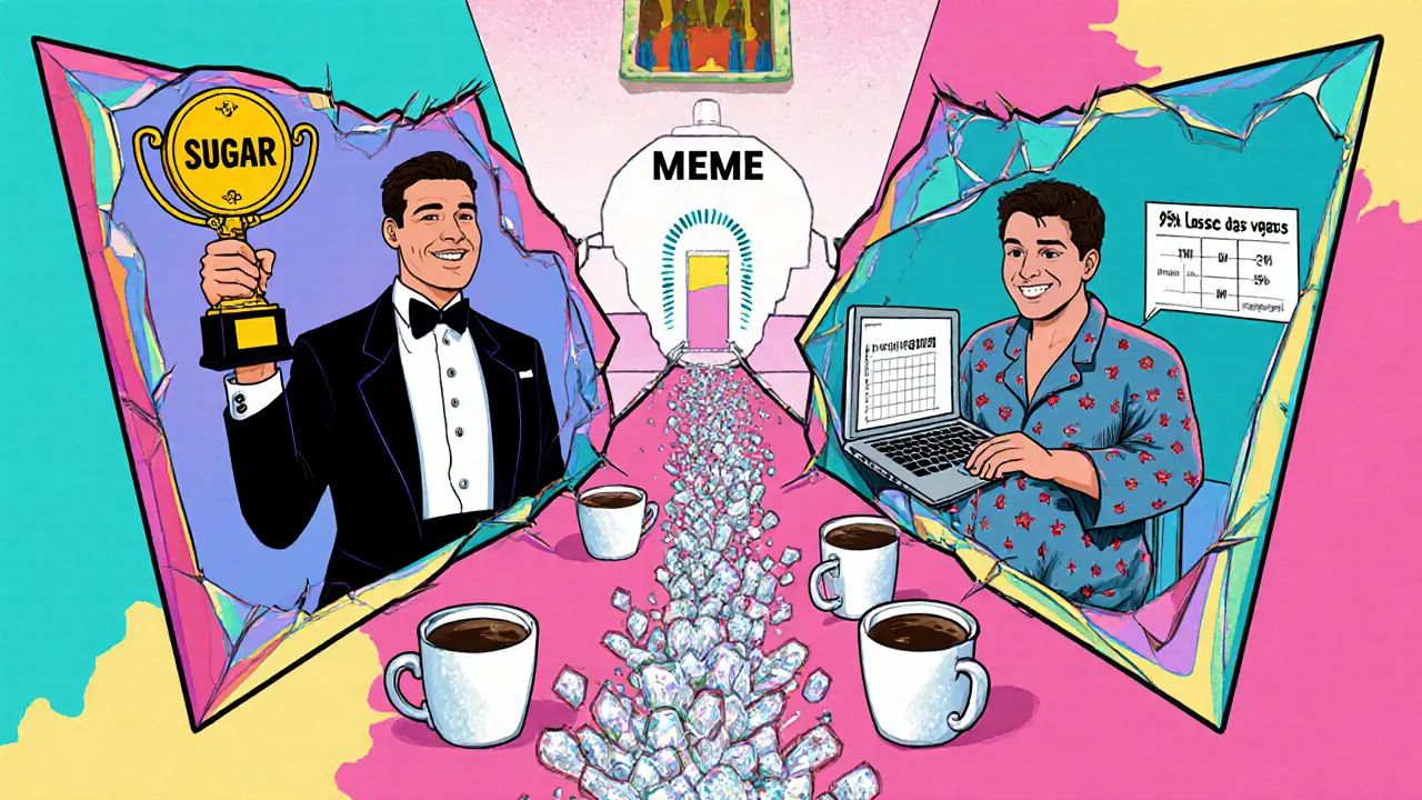 Un miroir brisé reflétant deux versions d'un homme : l'une riche, l'autre ruinée, avec un chemin de cristaux de sucre qui mène à une impasse.