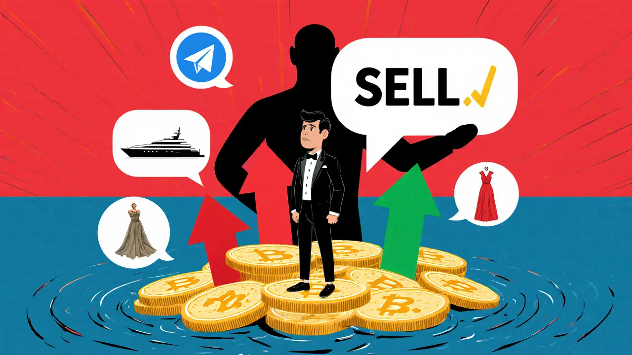 Un trader en smoking sur une île de pièces SOL, entouré de bulles de chat et d'une grande flèche 'VENTE' sombre.