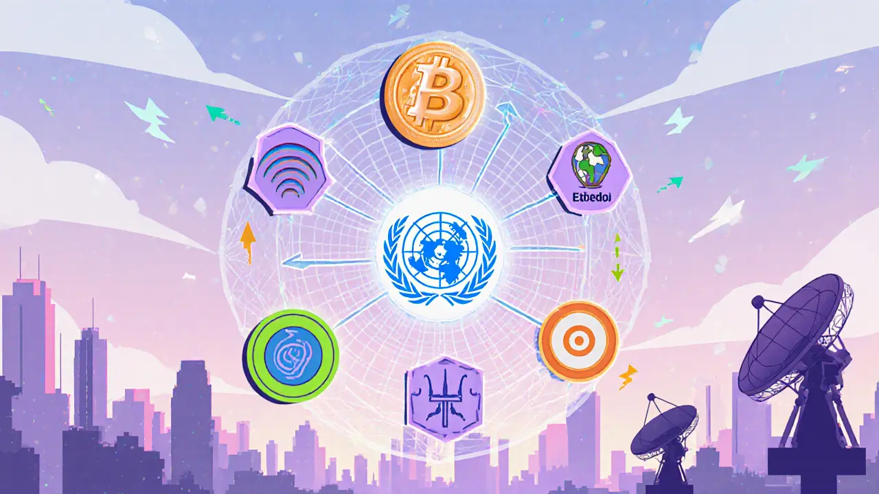 Vue futuriste montrant des blockchains interconnectées entre ONU et ONG.