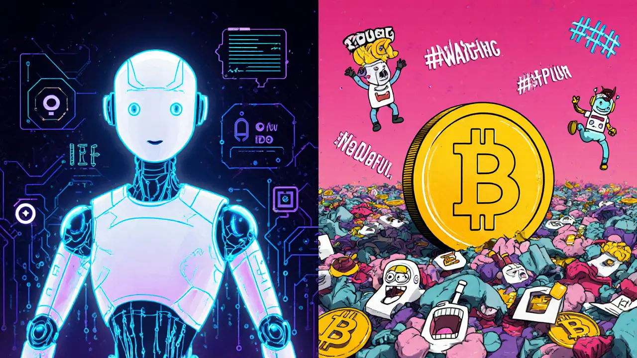À gauche, une vraie IA blockchain ; à droite, un jeton LLM vide entouré de memes.